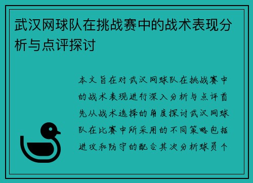 武汉网球队在挑战赛中的战术表现分析与点评探讨