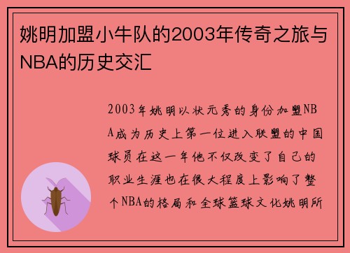 姚明加盟小牛队的2003年传奇之旅与NBA的历史交汇